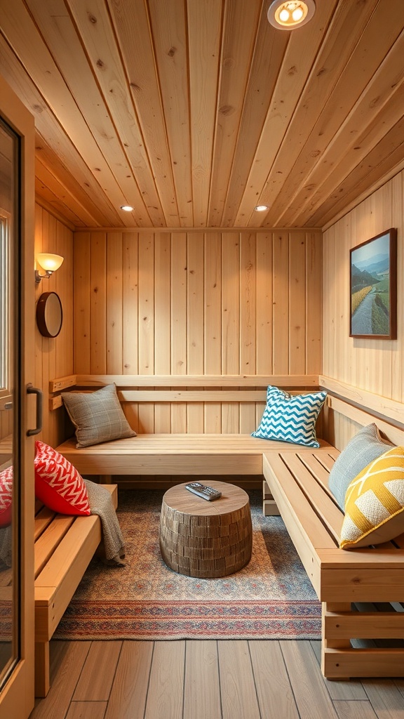 Cozy family-friendly sauna with wooden walls, colorful cushions, and soft lighting.