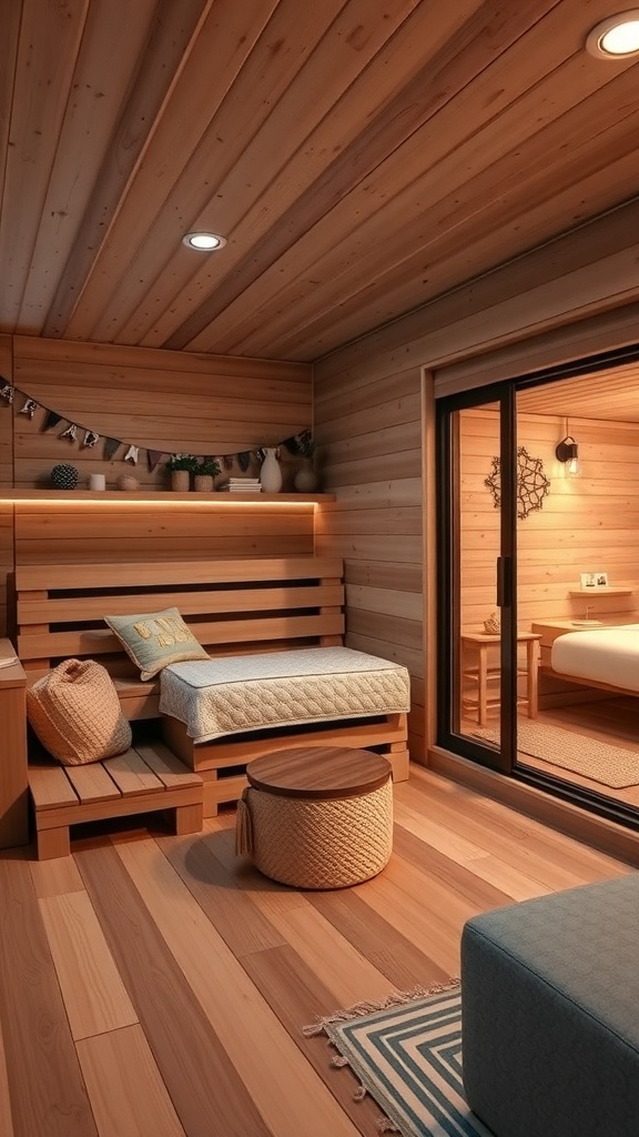 A cozy family-friendly sauna space with wooden walls, comfortable seating, and large glass doors.