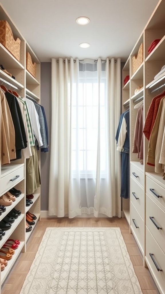 Family-friendly walk-in closet with shared shoe space, featuring organized shelves and natural light.