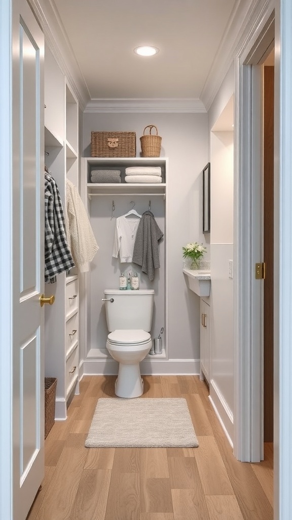 A family-friendly walk-through closet leading to a bathroom, featuring organized shelves and warm wood flooring.