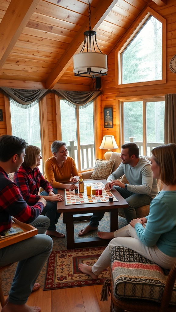 A cozy cabin interior with a group of people playing a board game around a table.