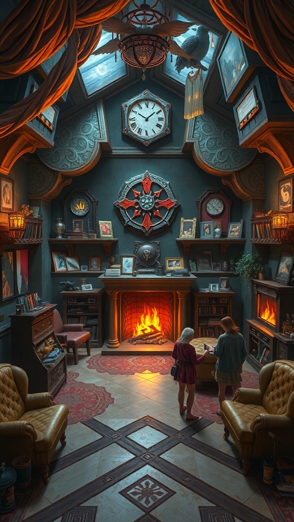 A cozy room with a fireplace, bookshelves, and two people examining a book.