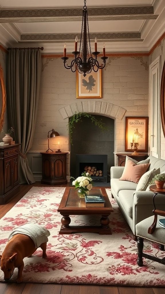 A cozy living room featuring a plush rug with floral patterns, a comfortable sofa, and warm lighting.