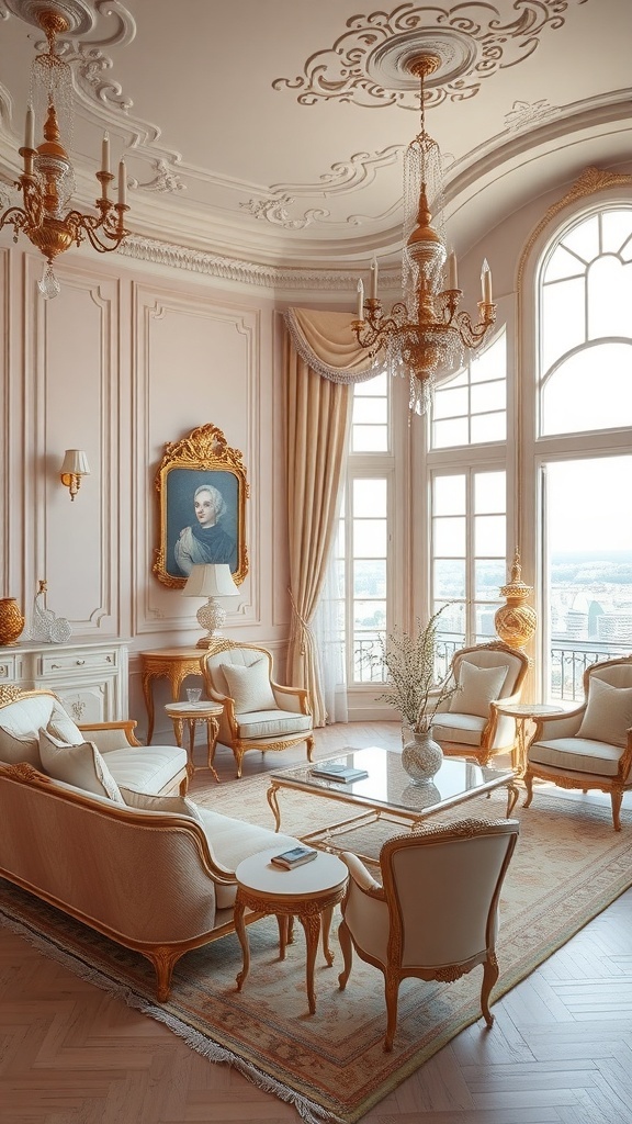 Ein elegantes Rococo Wohnzimmer mit sanften Pastelltönen und goldenen Akzenten.