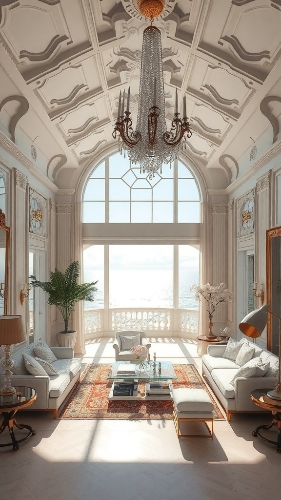 Eleganter Raum mit Kronleuchter und großen Fenstern, die Tageslicht hereinlassen.