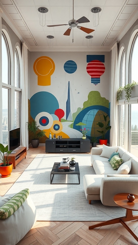 Ein stilvolles Wohnzimmer mit einer bunten Wandmalerei und modernen Möbeln.