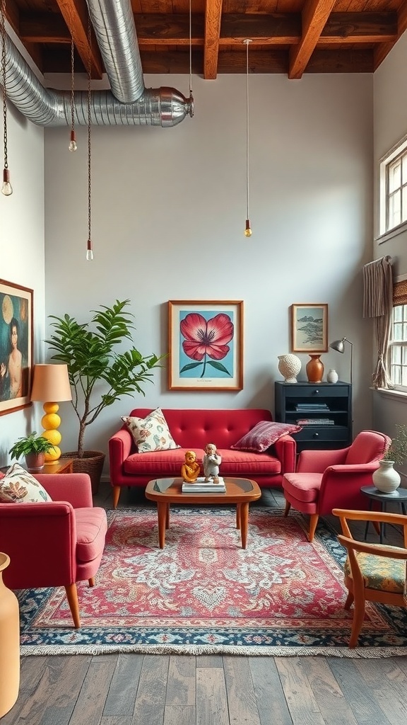 A cozy living room featuring a red sofa, playful artwork, and whimsical decor elements.