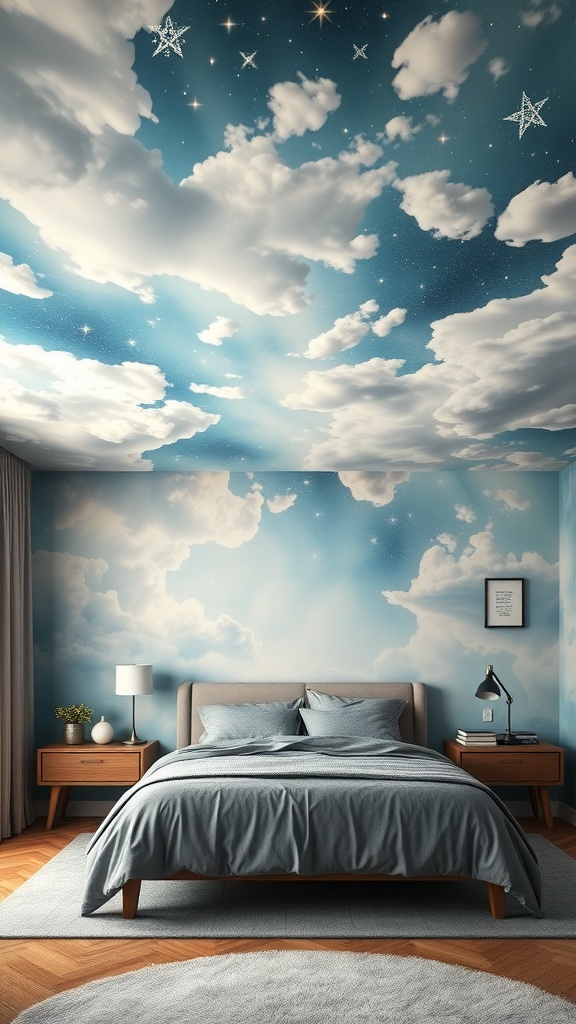 A bedroom with a fantasy-inspired ceiling mural depicting clouds and stars.