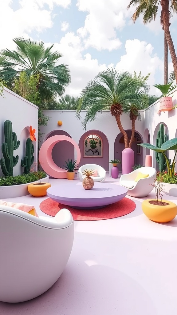 A colorful outdoor space with modern furniture, plants, and whimsical decor.