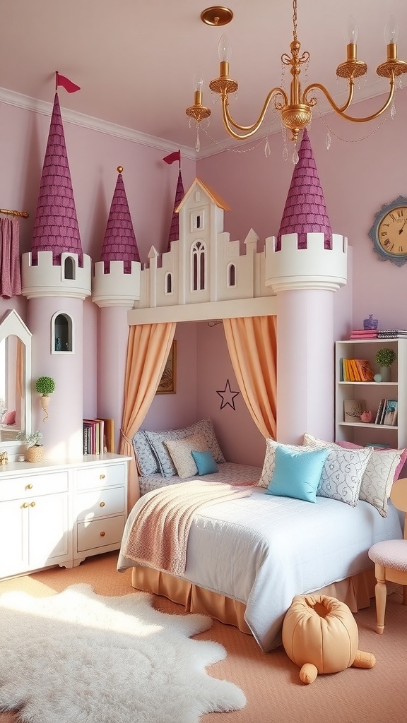A kids bedroom designed as a fantasy castle kingdom with pink towers, a cozy bed, and playful decor.