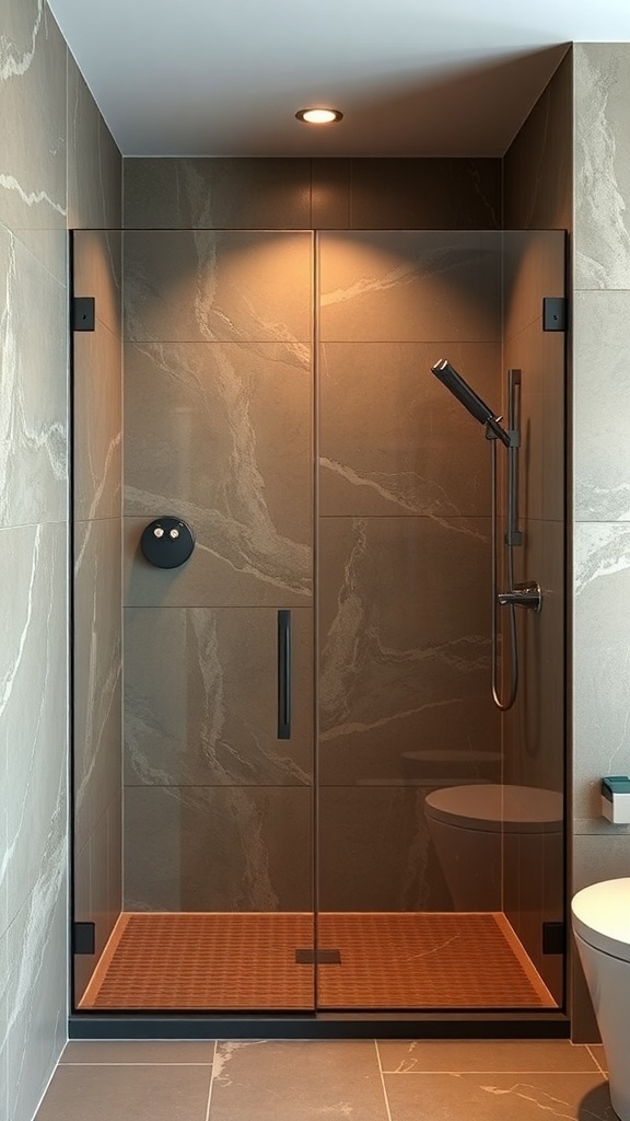 Moderne Walk-In-Dusche mit Erdtönen und Holzoptik