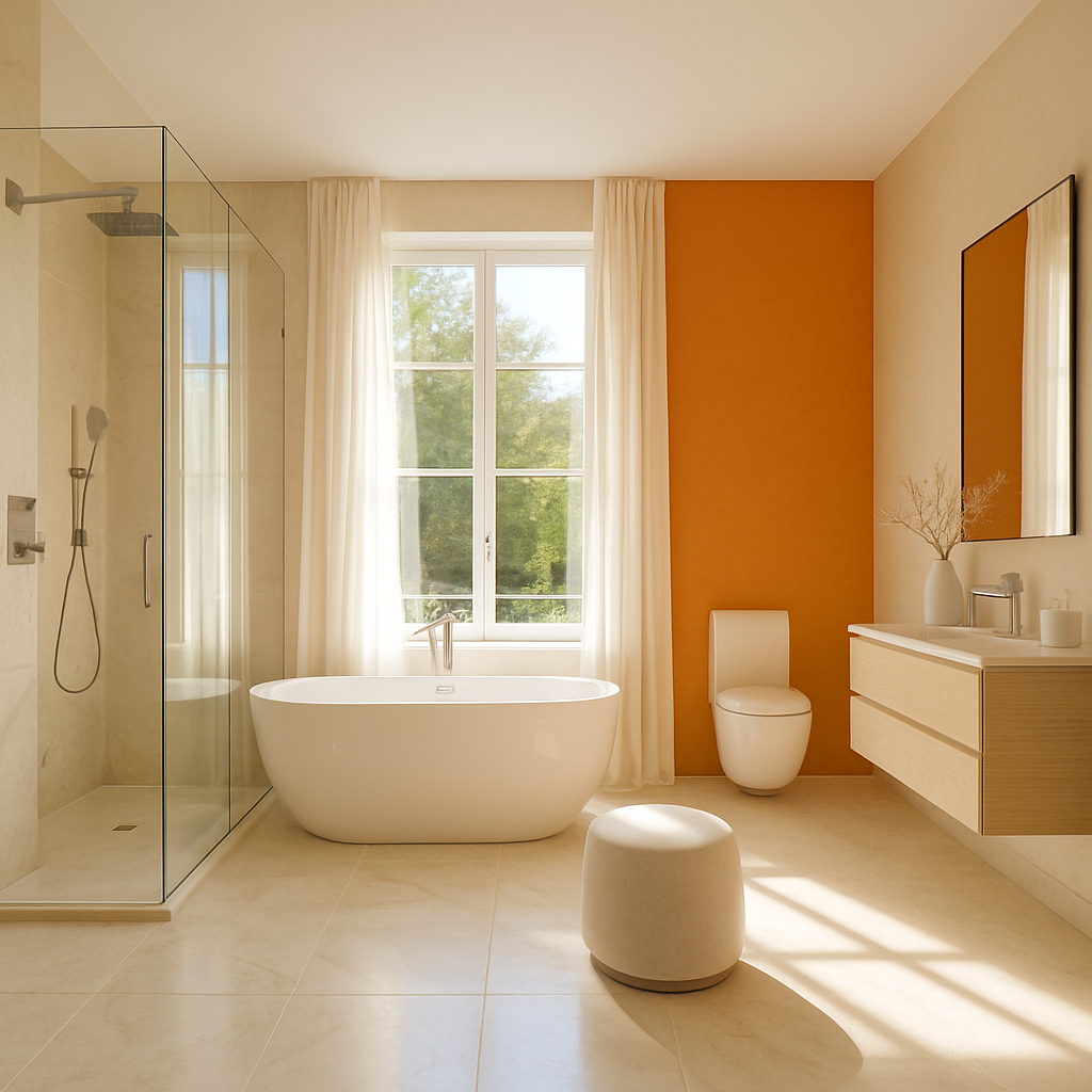 Modernes Badezimmer mit orangefarbener Akzentwand, Badewanne und gläserner Dusche