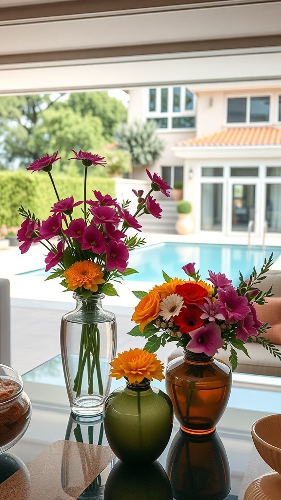 Bunte Blumenarrangements in Vasen auf einem Tisch, mit Blick auf den Pool und Garten im Hintergrund.