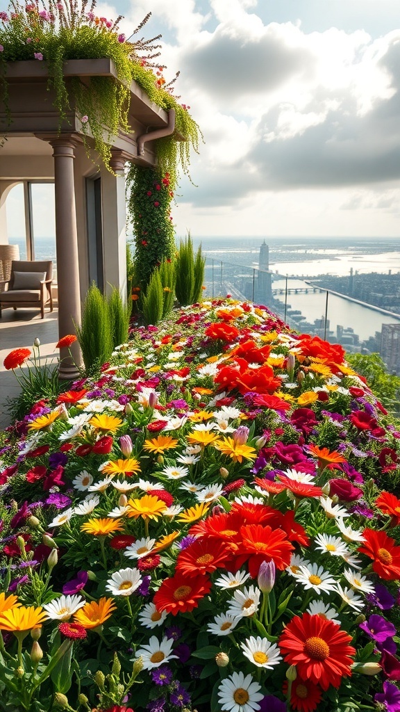 Farbenfrohe Blumenbeete in einem Sky Garden mit Blick auf die Stadt