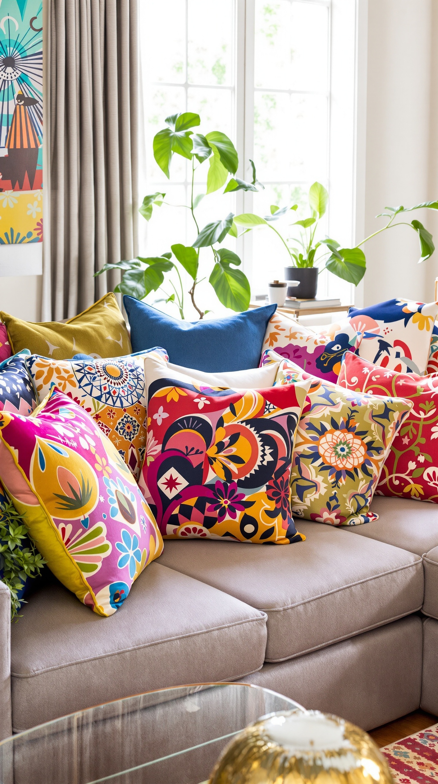 Ein stilvoller Wohnraum mit einem Sofa, das mit bunten Kissen dekoriert ist, umgeben von eleganten Möbeln und großen Fenstern.