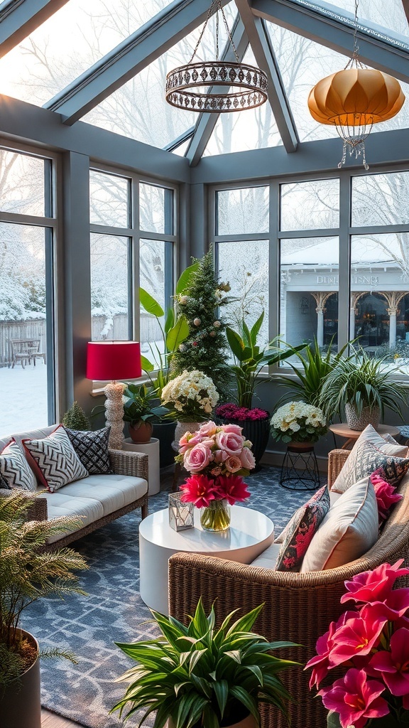 Wintergarten mit bunten Pflanzenarrangements und gemütlichen Möbeln