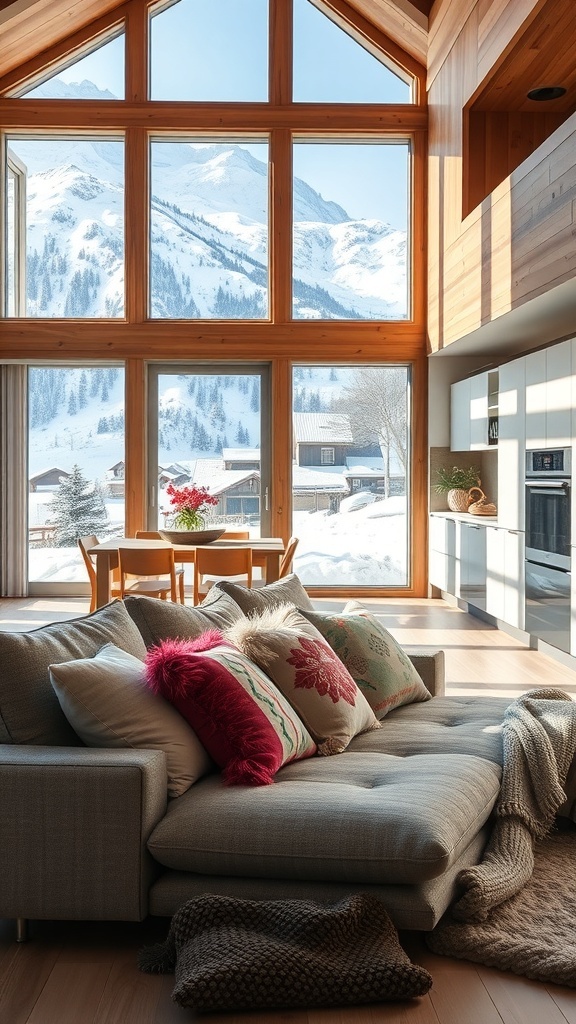Gemütliches Wohnzimmer mit farbenfrohen Kissen auf einer Couch und Blick auf verschneite Berge durch große Fenster.