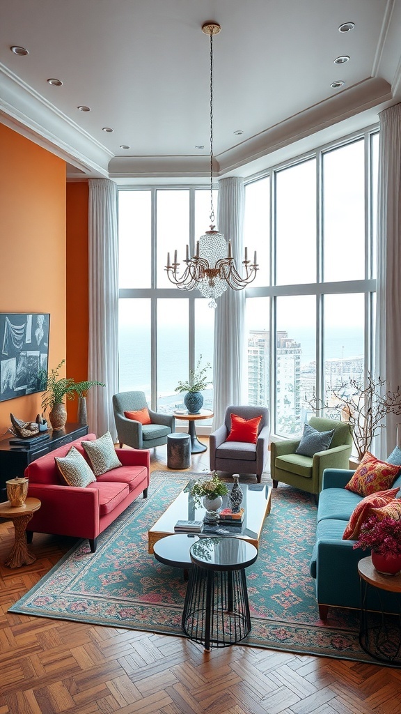 Buntes Wohnzimmer mit orangefarbenen Wänden, verschiedenen farbigen Möbeln und großen Fenstern