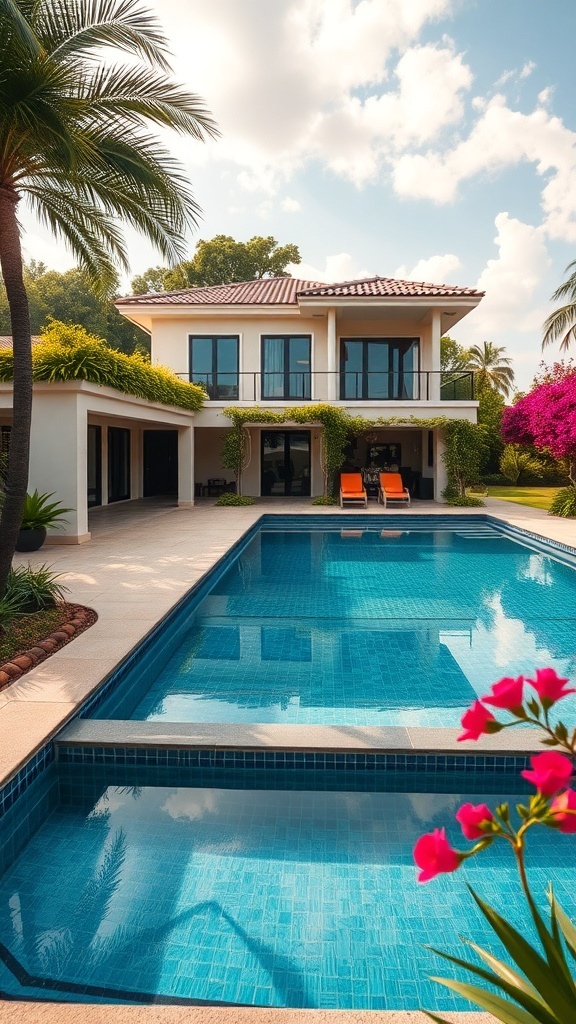 Ein moderner Naturpool mit einem schönen Haus im Hintergrund, umgeben von grünen Pflanzen und bunten Blumen.
