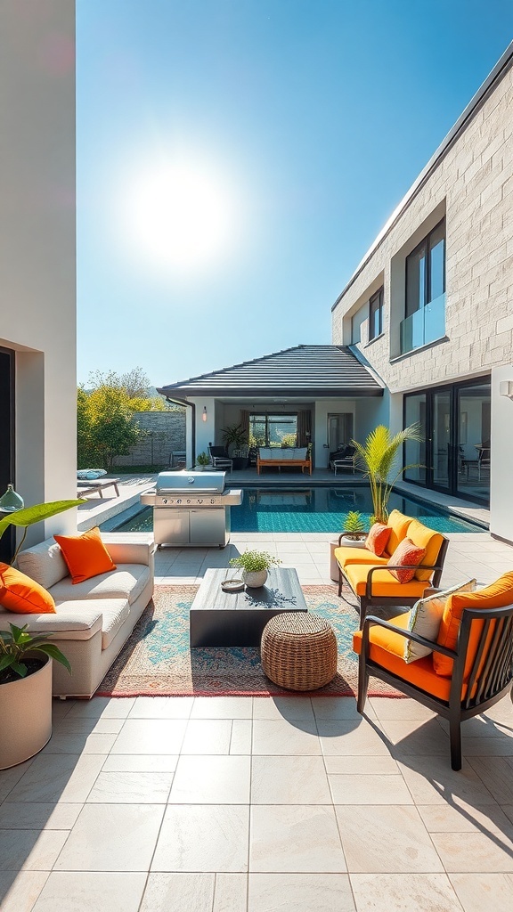 Gemütliche Terrasse mit orangefarbenen Kissen, einem Tisch und einem Pool im Hintergrund