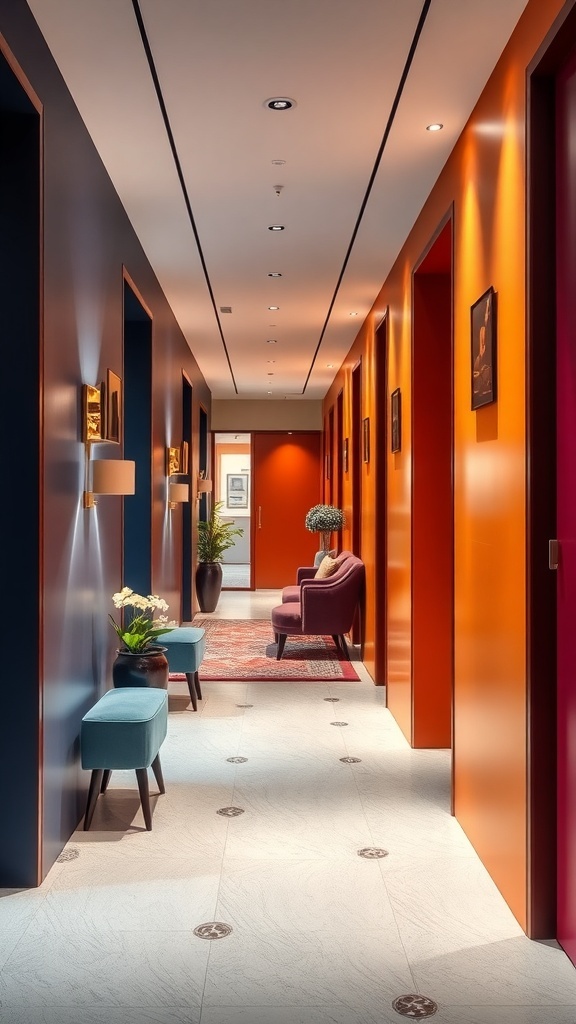 Ein stilvoller Flur mit bunten Wänden in Blau und Orange, dekoriert mit modernen Möbeln.