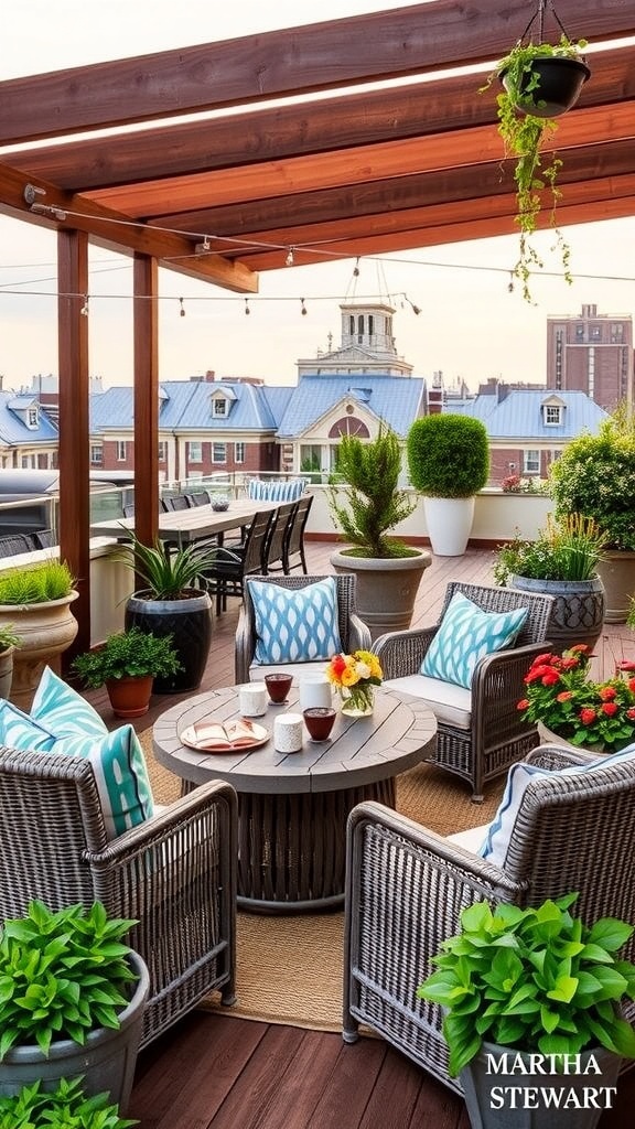 Bunte Kissen und Decken auf einer Dachterrasse mit Pflanzen und einem runden Tisch.