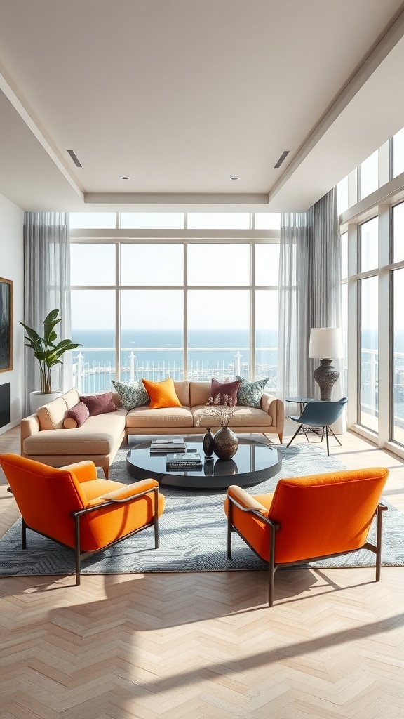 Modernes Wohnzimmer mit orangefarbenen Akzentmöbeln und großen Fenstern