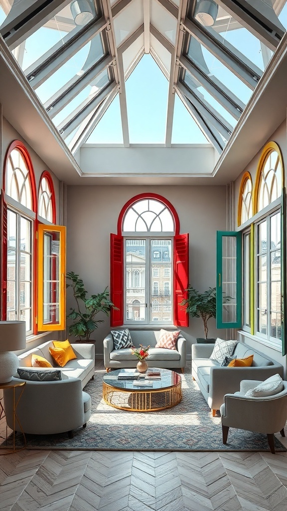 Ein heller Raum mit bunten Fensterrahmen in Rot, Gelb und Grün, modernen Möbeln und viel Tageslicht.