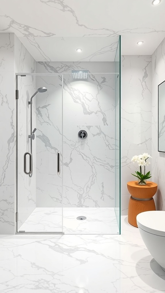 Bunte Fliesen in einer modernen Walk-In-Dusche