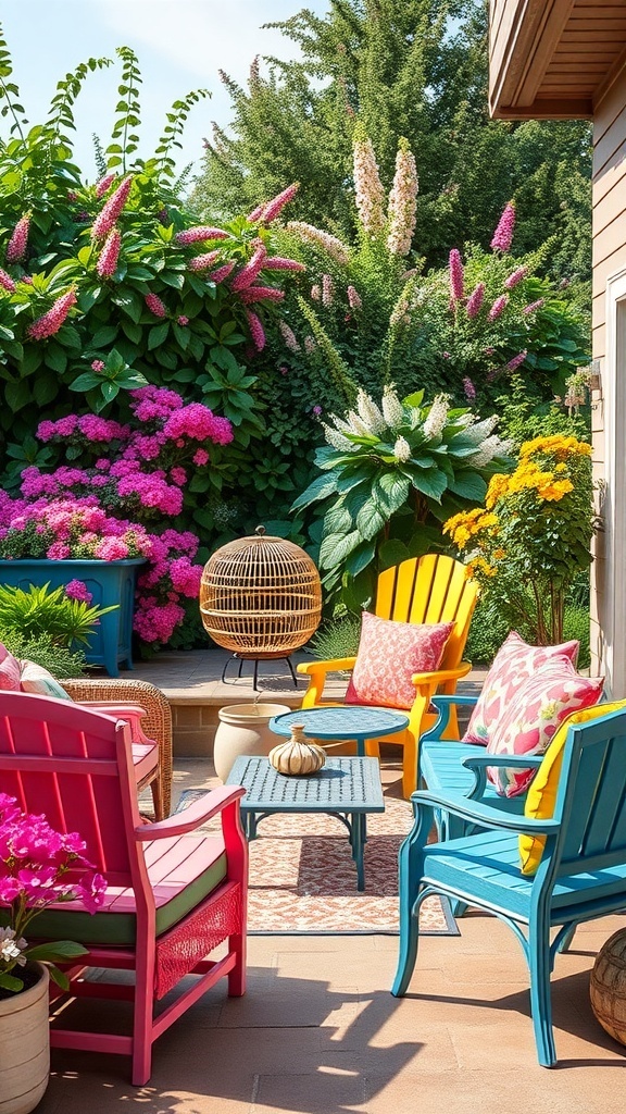 Bunte Gartenmöbel auf einer Terrasse, umgeben von Blumen und Pflanzen.