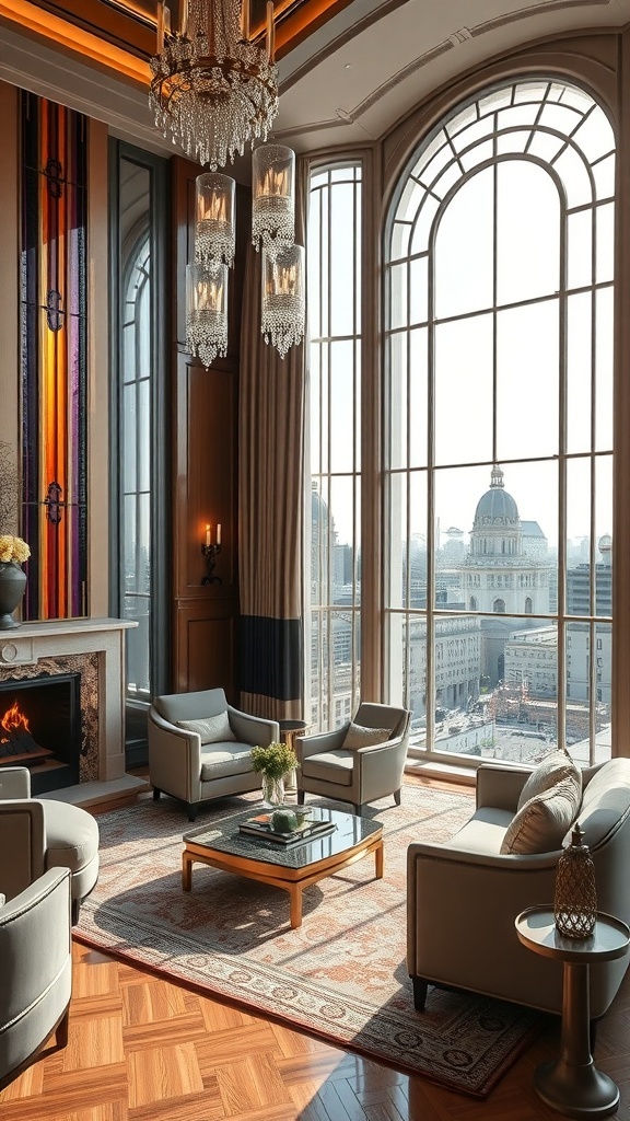Luxuriöses Art Deco Wohnzimmer mit großen Fenstern, Kristallleuchtern und farbigen Gläsern