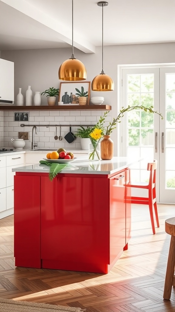 Moderne Küche mit roter Kücheninsel und eleganten Pendelleuchten