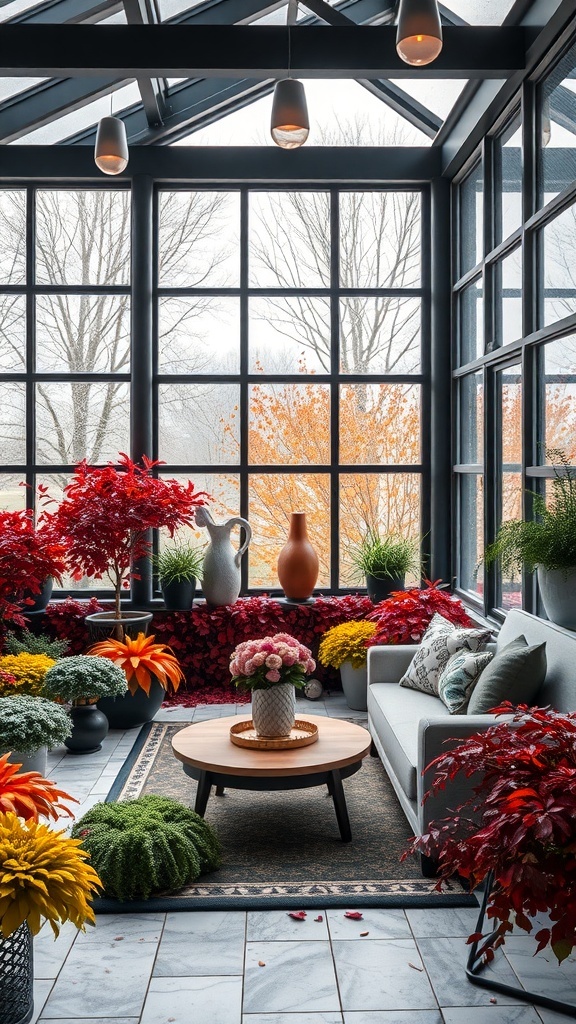 Wintergarten mit bunten Pflanzen und modernen Möbeln