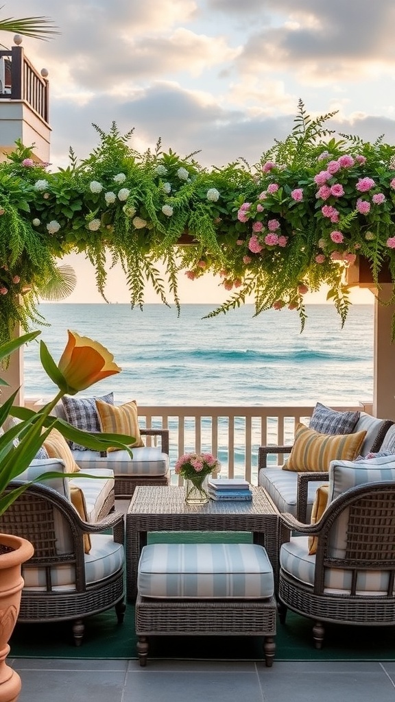 Outdoor Lounge mit Rattanmöbeln, bunten Kissen und üppigen Pflanzen, Blick auf das Meer