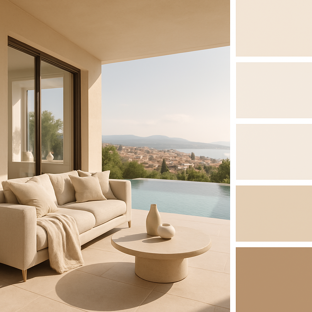 Ein eleganter Naturpool mit sanften Erdtönen und neutralen Farben, umgeben von einer ruhigen Landschaft.