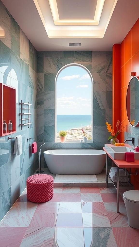 Modernes Badezimmer mit bunten Wänden und Meerblick