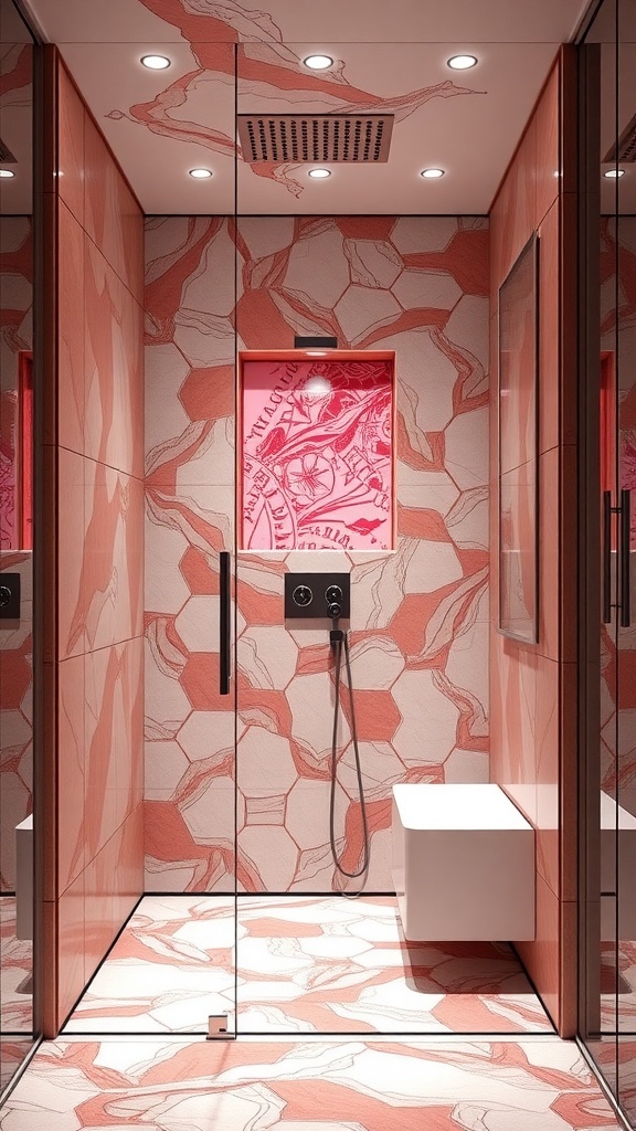 Moderne Walk-In-Dusche mit hexagonalen Fliesen in Rosatönen und kreativem Bodenmuster.