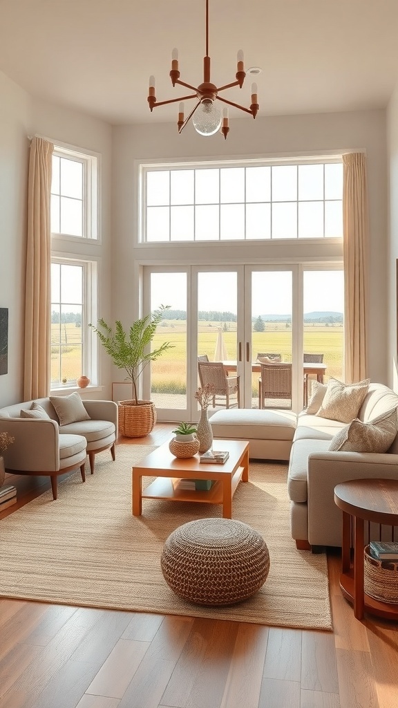Modernes Wohnzimmer im Bauernhausstil mit großen Fenstern, neutralen Farben und gemütlicher Einrichtung