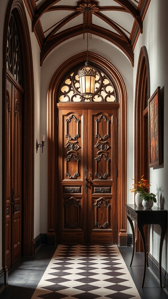 Eleganter Flur mit dunklen Holztüren, einem auffälligen Bodenmuster und einer stilvollen Lampe.