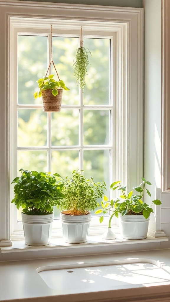 A sunny window with various pots of fresh herbs, including basil and parsley, creating a cozy kitchen vibe.