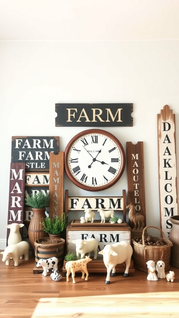 A collection of rustic farmhouse accessories including wooden signs, a clock, and animal figurines.