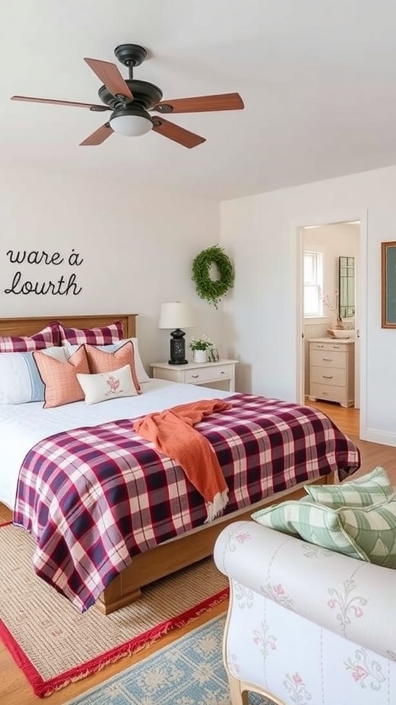 Cozy bedroom with plaid bedding, colorful pillows, and a decorative wreath on the wall.