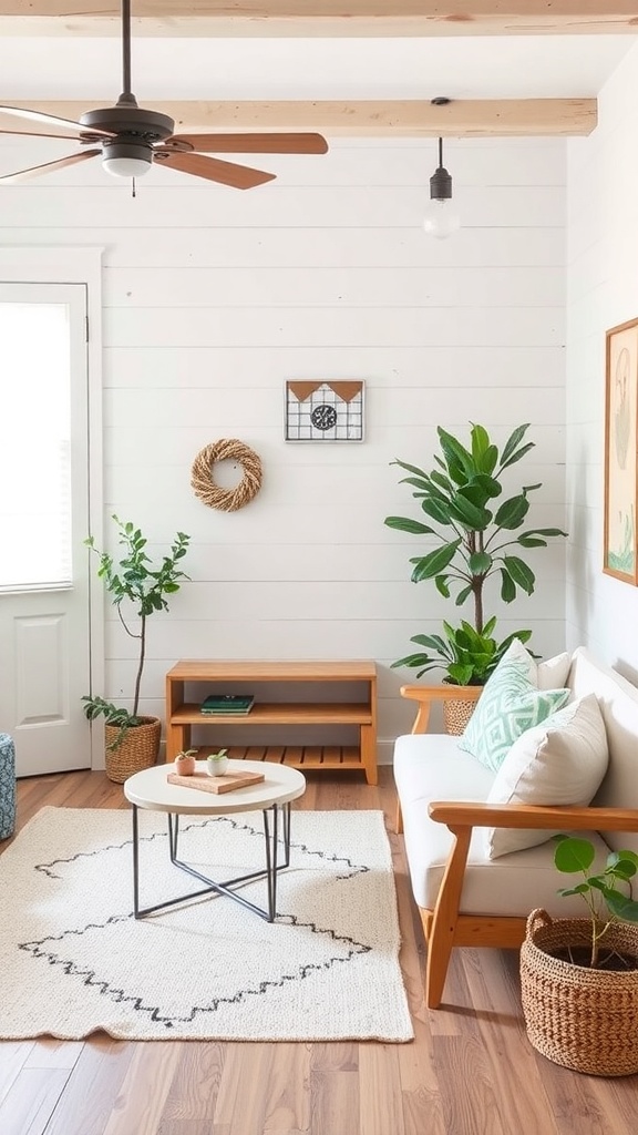 Cozy farmhouse living room with plants and neutral decor