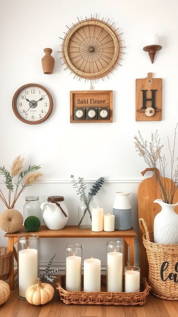 A cozy farmhouse-inspired decor setup featuring candles, vases, and wall art.