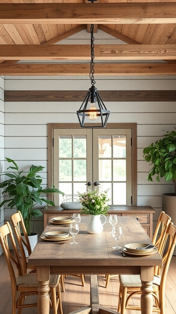 A cozy dining area featuring a wooden table, chairs, and a pendant light with a rustic design.