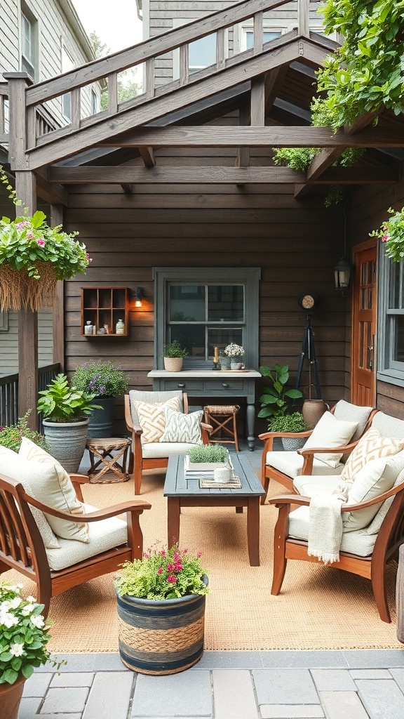 Cozy farmhouse-inspired outdoor seating area with plants and rustic decor.