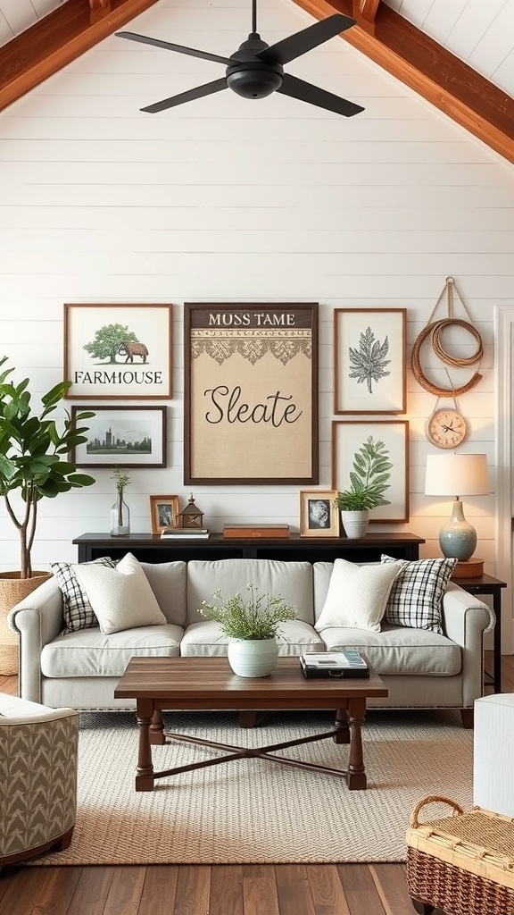 Cozy farmhouse living room with various wall art pieces, including botanical prints and a wooden sign.