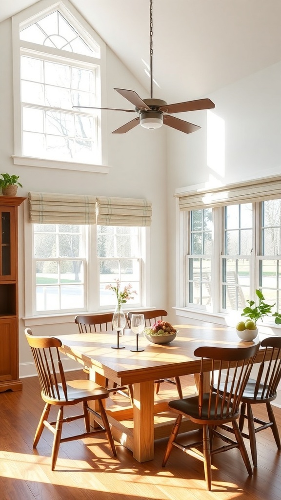 Bright dining area with large windows and striped roman shades