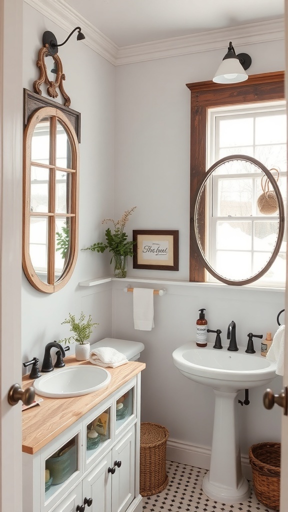 A rustic farmhouse-style bathroom featuring wooden accents, black and white tile flooring, and simple decor.