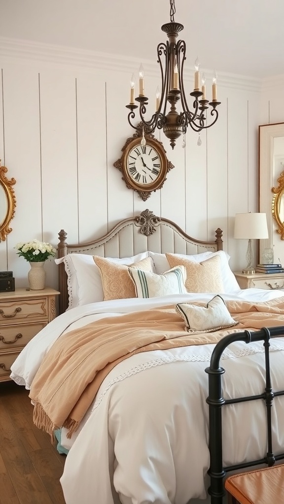 Cozy farmhouse-style bedding with neutral colors and vintage-inspired patterns.